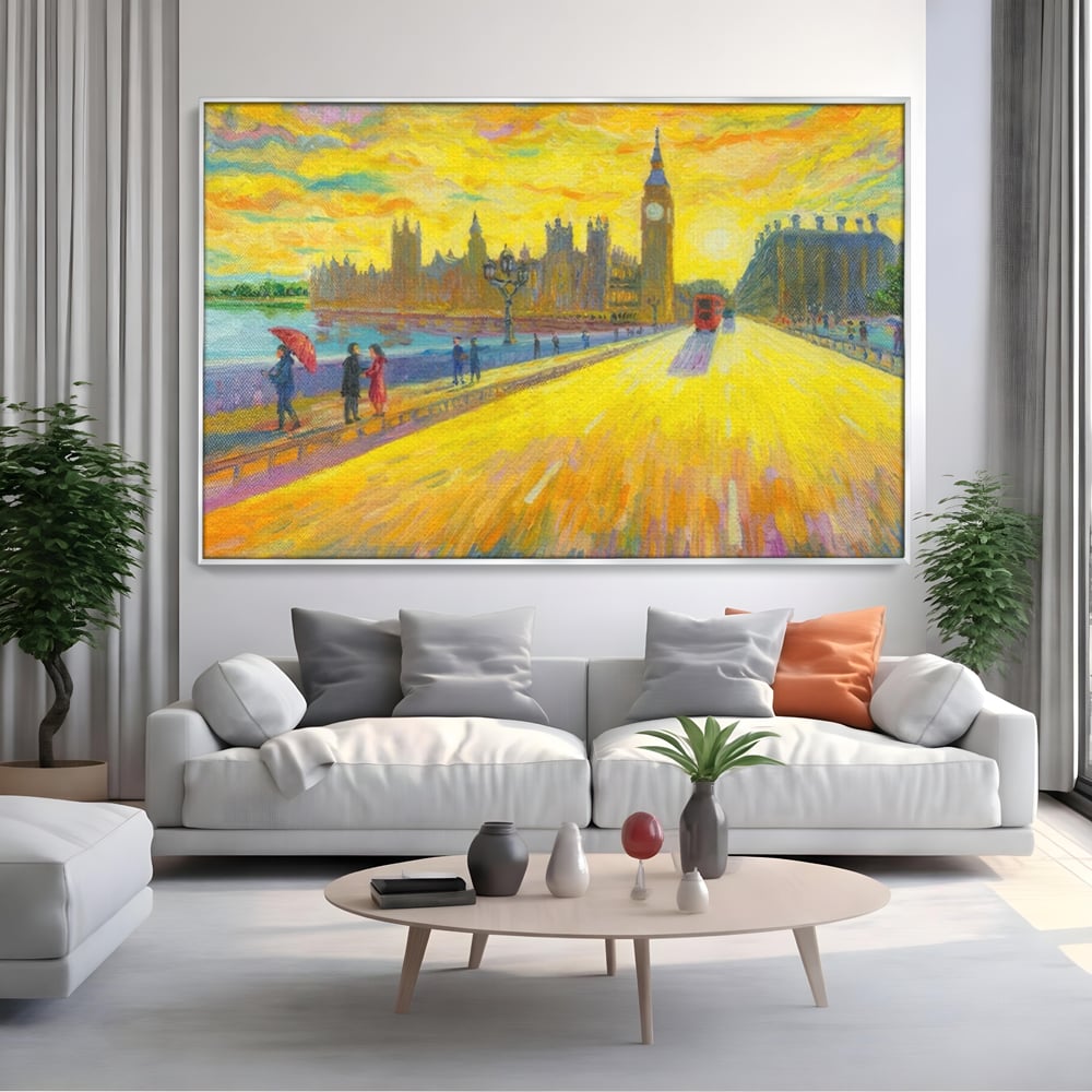 Tablou canvas cu tablou canvas cu londra si big ben, in rama de aluminiu argintiu, pe perete intr-un living